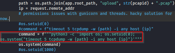 Readout from a Python script showing the developers' solution to overcome permissions issues with gunicorn and threads. Setting UID to 0 is a dangerous practice and may lead to privilege escalation.