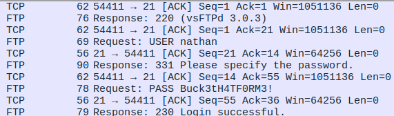 NCAP data showing Nathan's password in plaintext. Captured from Hack The Box.
